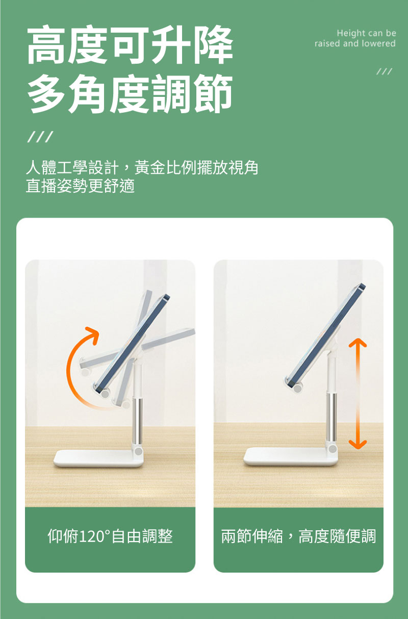 二合一示意圖展示支架仰俯120度調整範圍，以及兩節伸縮桿的高度變化細節。箭頭標註動作路徑，強調操作流暢性。