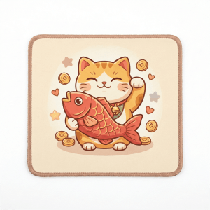 圓角正方形布面滑鼠墊，正面印有可愛柴犬抱著紅魚的開運插畫，搭配細緻的咖啡色細密鎖邊與防滑底部材質。