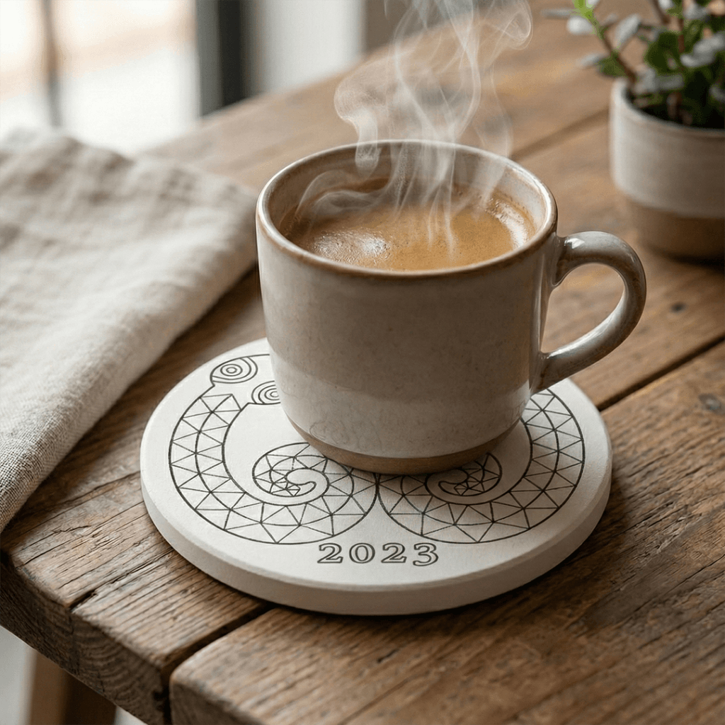 珪藻土吸水杯墊 (圓形/方形) 圓形款放置熱咖啡杯使用示意圖