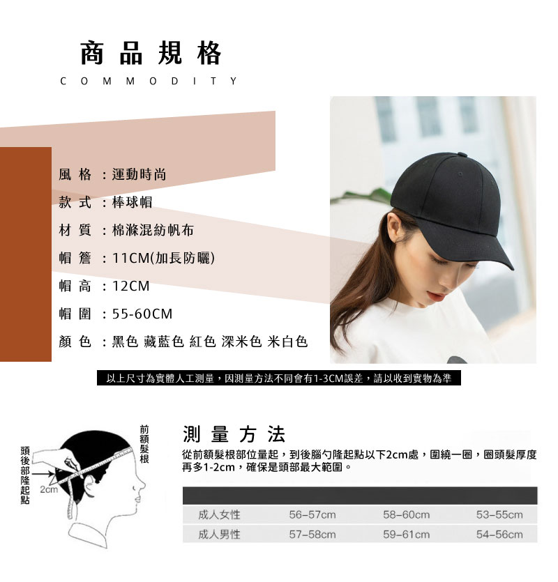 11cm 加長帽簷棒球帽 13 商品規格表詳列:棒球帽材質、11cm 帽簷長度、12cm 帽高、55-60cm 帽圍,並提供成人男女頭圍測量方法圖示。