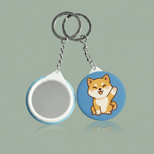柴犬圖案馬口鐵鏡面鑰匙圈，正面為高解析噴印Q版柴犬，背面為實用補妝小圓鏡，附金屬鍊條與鑰匙圈。配件細節展示。