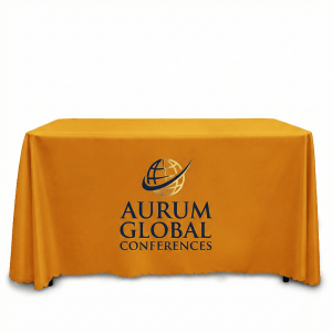 橘黃色平紋布桌巾覆蓋長方型會議桌，正面印有 AURUM GLOBAL 大面積藍色 Logo。布料呈現高品質垂墜感，遮蔽桌下雜物空間。