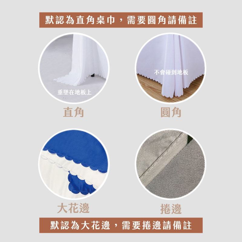 四宮格細節圖展示桌巾邊緣工法：直角垂墜、圓角防絆倒、大花邊剪裁與捲邊車工。提供多樣化收邊方式說明文字。