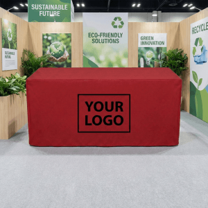 經編布桌巾，展覽攤位情境示意圖與客製化Logo位置。