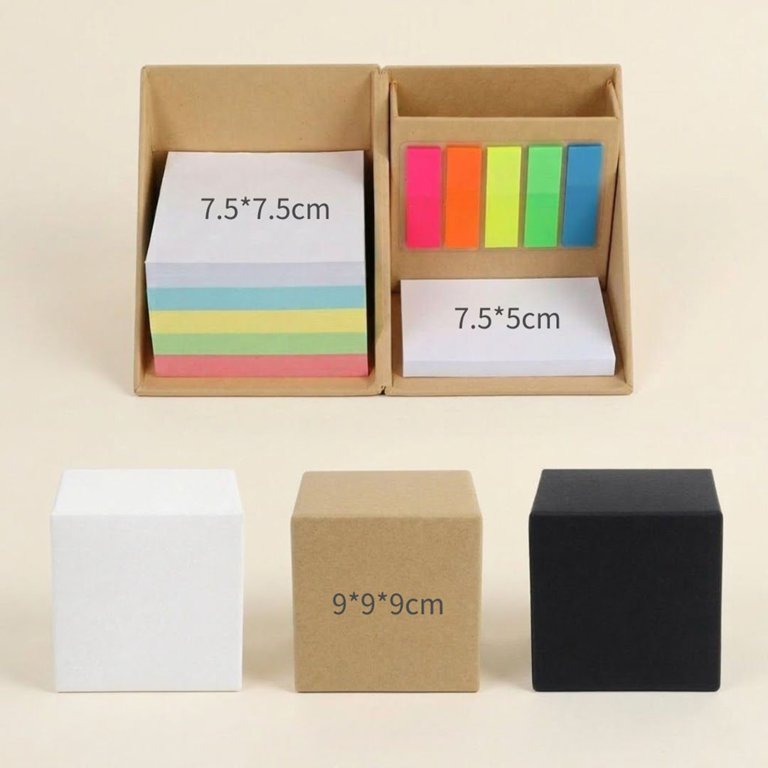 便利貼方形折疊盒 標註長寬尺寸資訊與白、褐、黑三色外盒對比