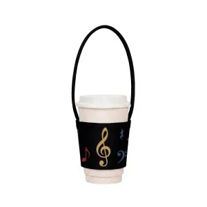 全彩熱昇華帆布杯套 黑色提把與彩色音符圖案款正面展示
