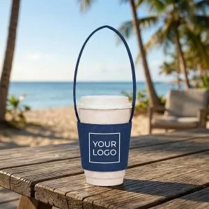 防潑滌綸布杯套 深藍色款式於海邊木桌情境展示