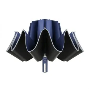 晴雨兩用自動反折傘-節節收款 藏青色款反折收納半開狀態特寫，可見內部黑色塗層與藍色傘面