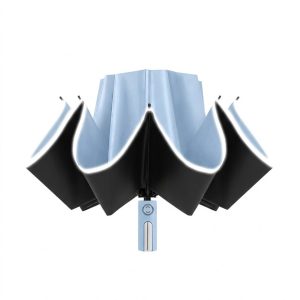 晴雨兩用自動反折傘 天空藍反折半開狀態展示反光條邊緣與黑色內層