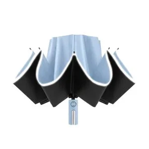 晴雨兩用自動反折傘 天空藍反折半開狀態展示反光條邊緣與黑色內層