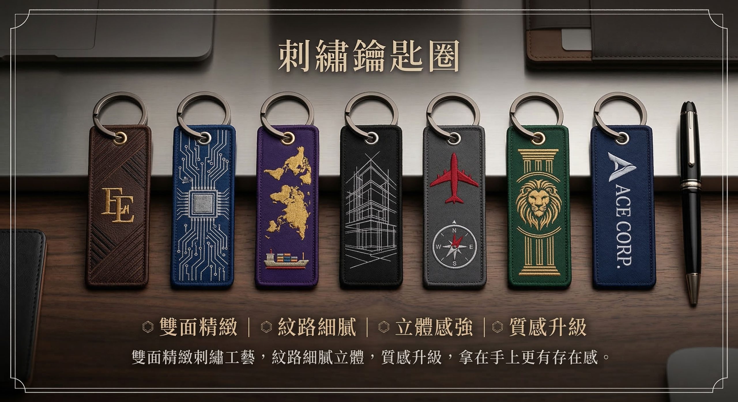 刺繡鑰匙圈 多種顏色與精密圖案款式陳列於木質桌面上