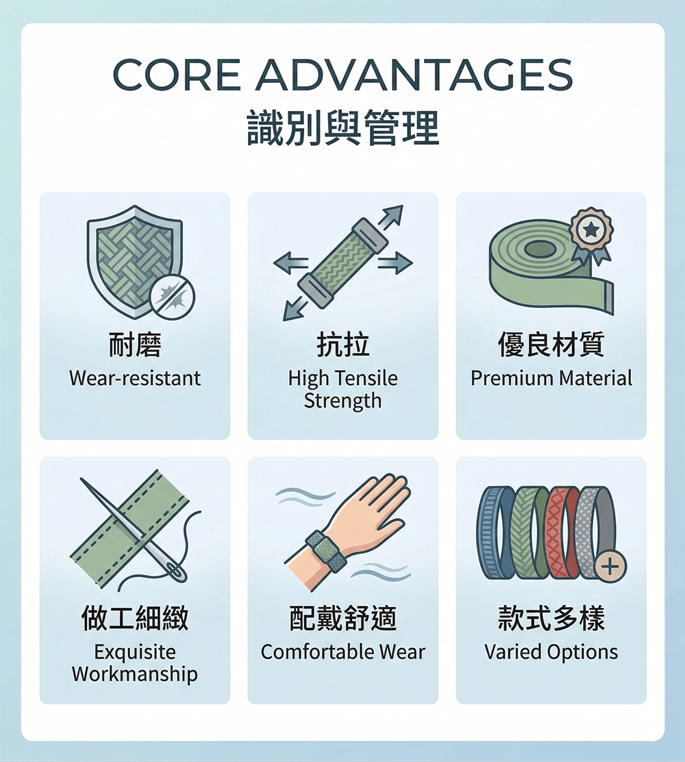 滌綸織帶手環 材質耐磨與舒適配戴特點說明圖