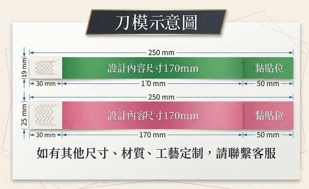 鐳射紙識別手環 兩種寬度規格與長度設計刀模示意圖
