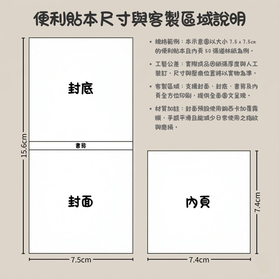 銅西卡對折式便利貼本 規格與版面說明圖標示封面封底與內頁的長寬公分數