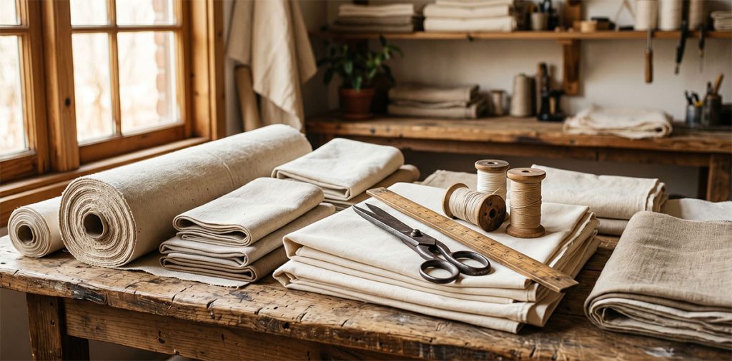工作桌上散落的帆布布料樣本與裁縫工具，展現帆布材質的自然質感