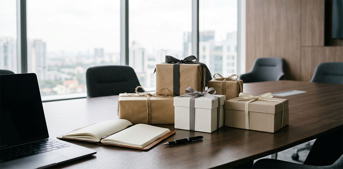 企業會議室桌面上擺放著包裝精美的禮品盒，展現專業送禮情境