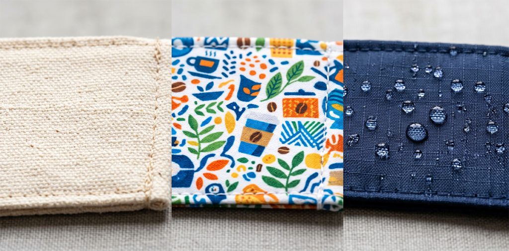 三種杯套材質特寫比較，純棉帆布、熱昇華聚酯纖維與防潑水布料