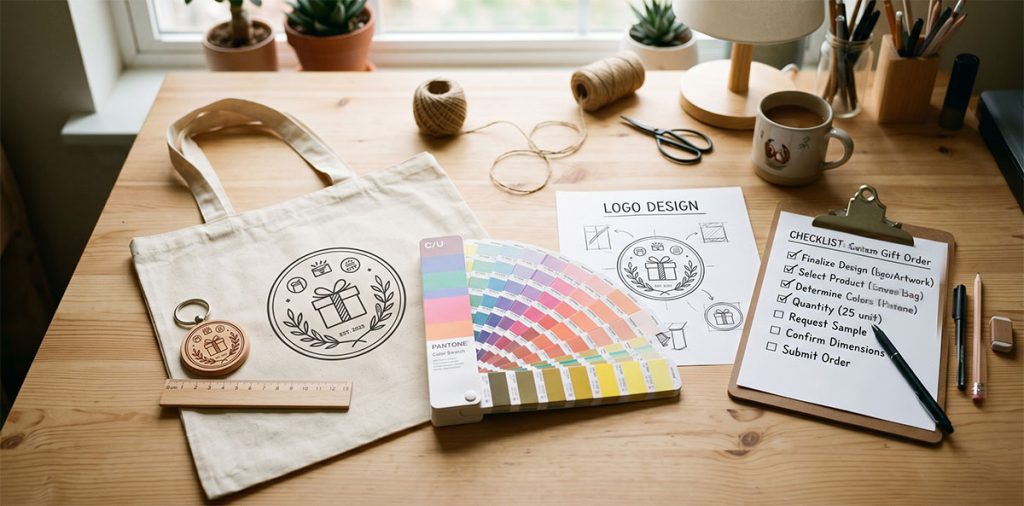 客製化禮品新手指南示意，展示 Logo 檔案、色卡與禮品樣品