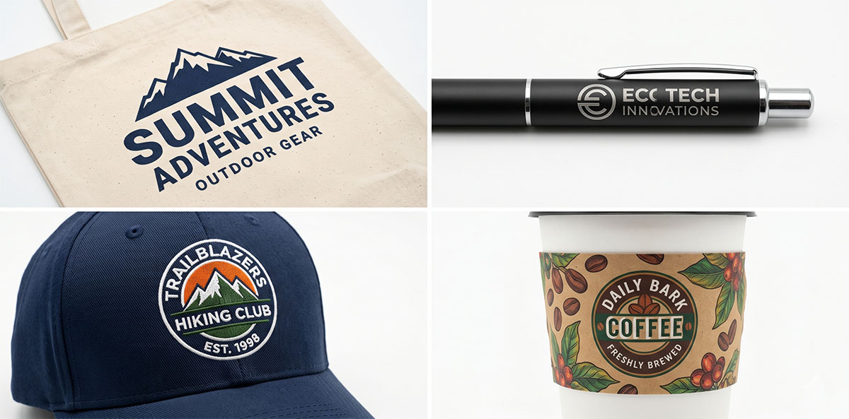 客製化禮品 Logo 印製示意，展示不同材質上的 Logo 印刷效果