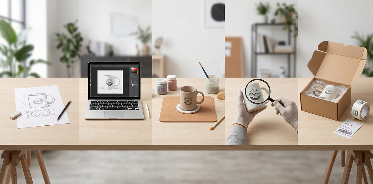 客製化禮品製作流程示意，從設計打樣到成品出貨