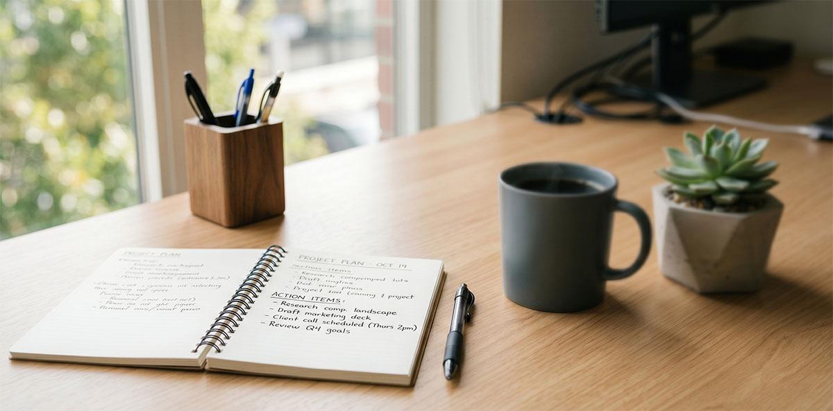 商務辦公桌面上的筆筒與筆記本，展現客製化廣告筆的使用情境