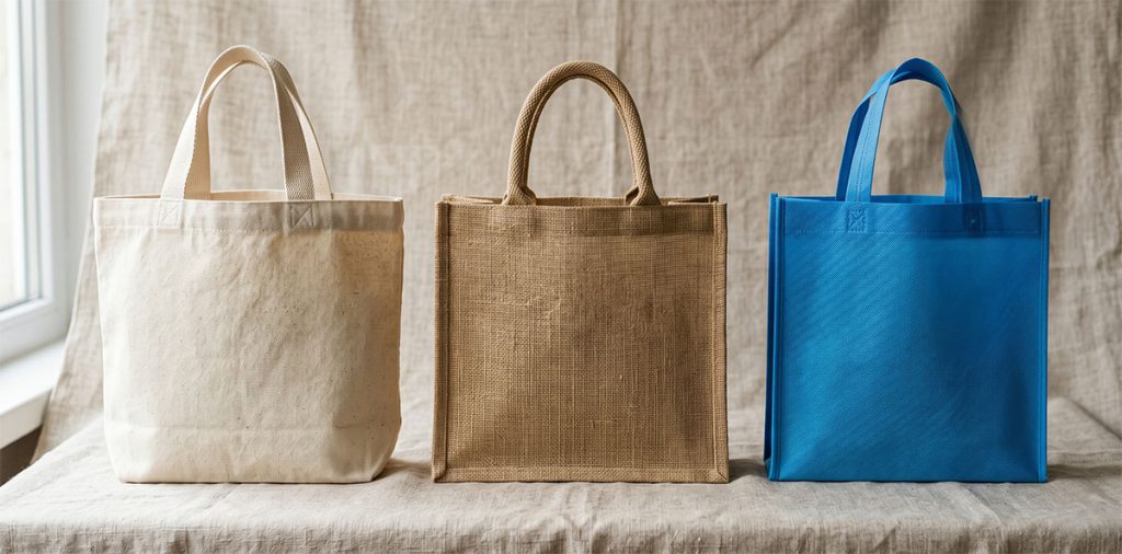 三種環保袋材質比較，帆布袋、麻布袋與不織布袋並排展示