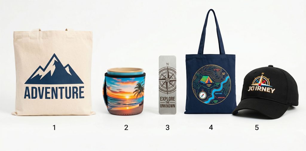 五種禮品印刷方式比較，展示網印、熱昇華、雷射雕刻、UV 印刷與刺繡成品