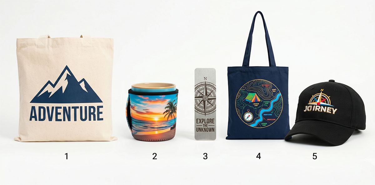 五種禮品印刷方式比較，展示網印、熱昇華、雷射雕刻、UV 印刷與刺繡成品