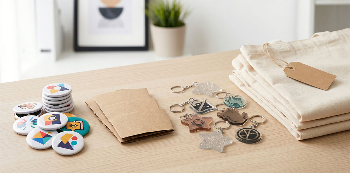 少量客製化禮品展示，小批量的徽章、杯套與帆布袋樣品