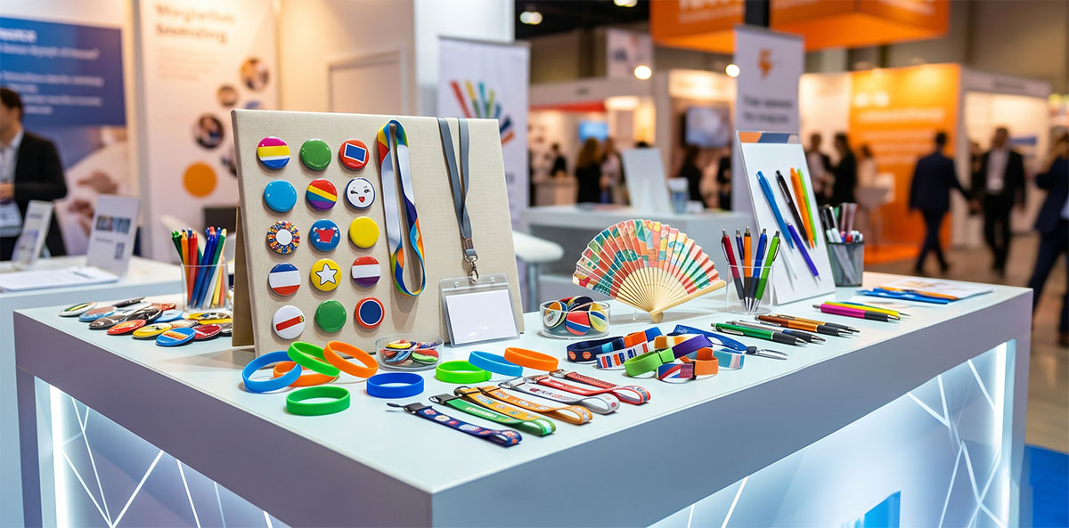展覽攤位上陳列的客製化活動贈品，包含胸章、手環、掛繩與扇子