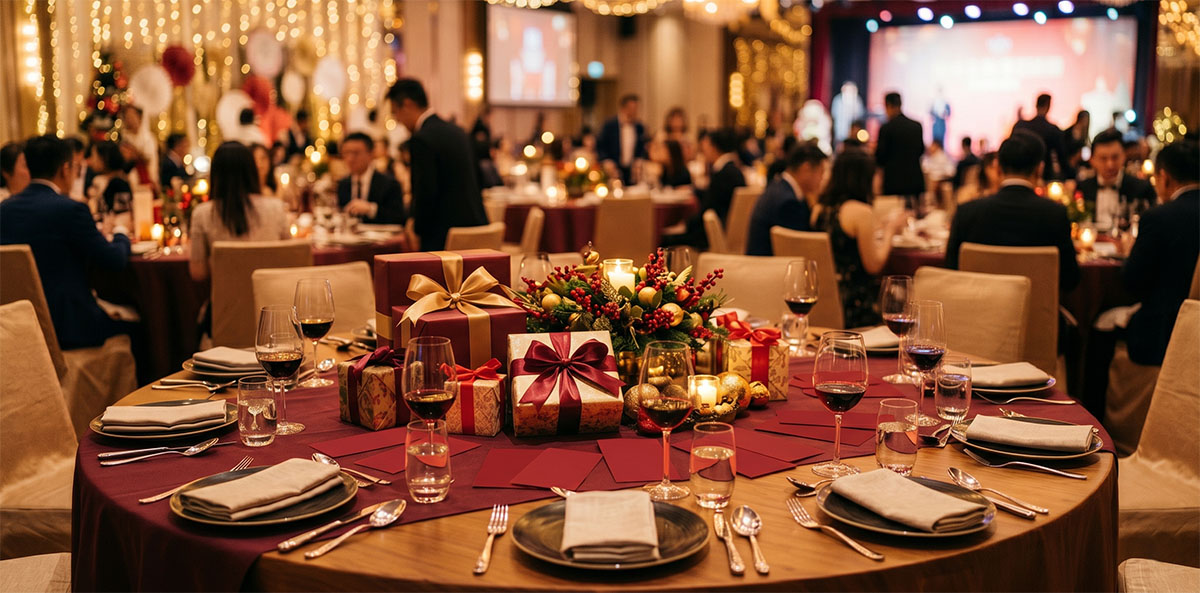 企業尾牙春酒活動現場的歡慶氛圍，圓桌上擺放精美禮盒與紅包