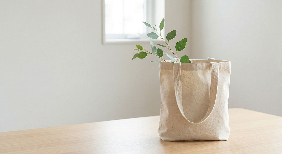 畫面的主體是米白色帆布袋，袋中插著鮮綠色的尤加利葉