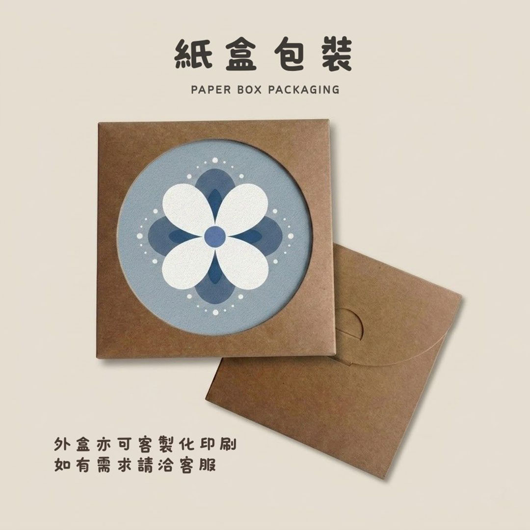 陶瓷吸水杯墊 牛皮紙盒獨立包裝正面與背面展示