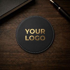 PU皮革杯墊 圓形黑色款燙金Logo客製展示